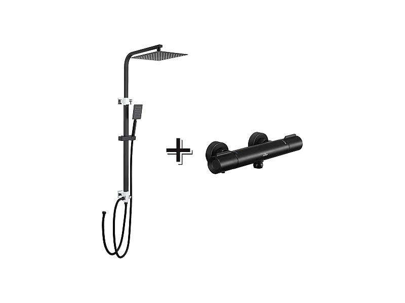 Duschsäule ohne Mischer, höhenverstellbar 690-1130 cm + Thermostat-Brausemischer, Thermostatdusche mit sicherer Taste bei 38 °C, schwarz
