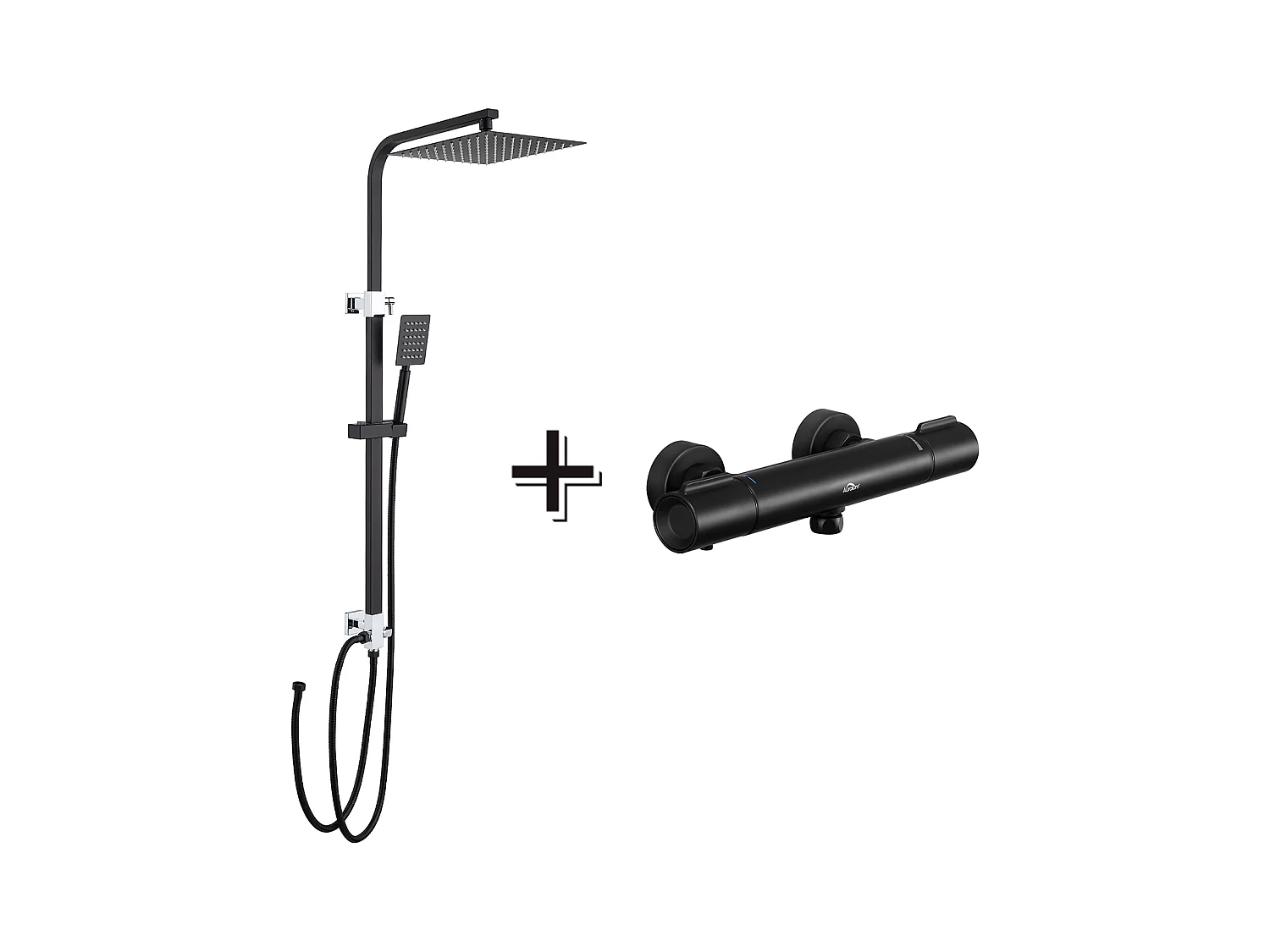 Colonne Douche Sans Mitigeur,Hauteur Réglable 690-1130cm+Mitigeur Thermostatique Douche,Thermostatique Douche avec Bouton Sécurisé à 38°C,Noir