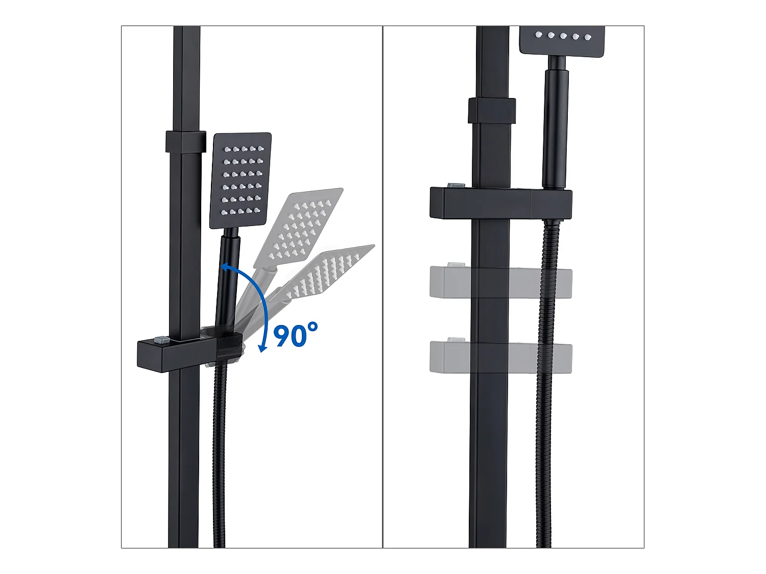 Douchekolom zonder mengkraan, in hoogte verstelbaar 690-1130cm + thermostatische douchemengkraan, thermostatische douche met beveiligde knop op 38°C, zwart