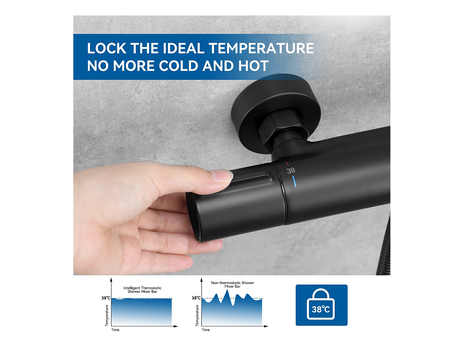 Douchekolom zonder mengkraan, in hoogte verstelbaar 690-1130cm + thermostatische douchemengkraan, thermostatische douche met beveiligde knop op 38°C, zwart