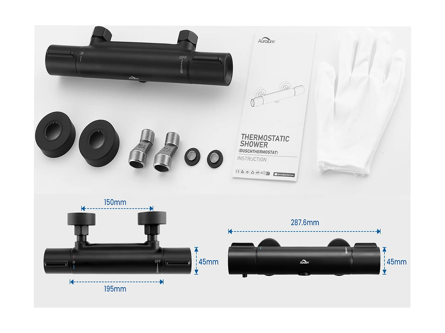 Colonne Douche Sans Mitigeur,Hauteur Réglable 690-1130cm+Mitigeur Thermostatique Douche,Thermostatique Douche avec Bouton Sécurisé à 38°C,Noir