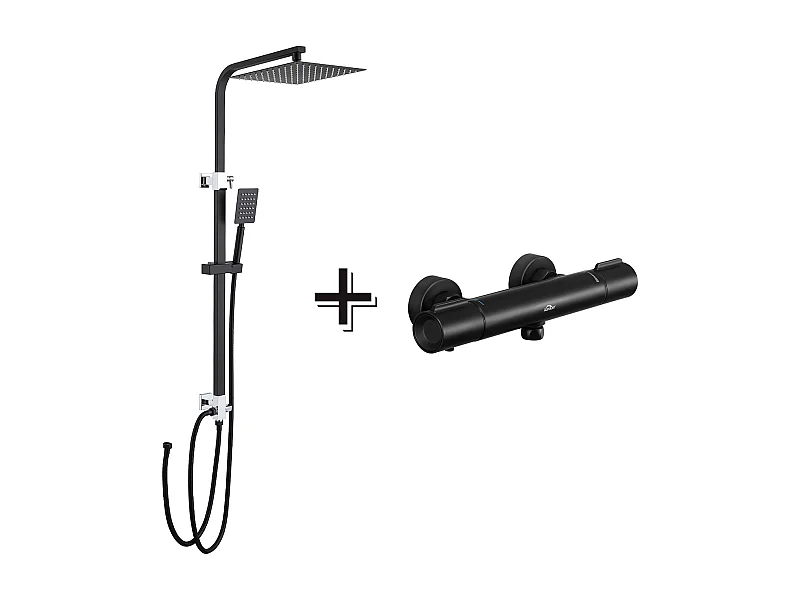 Colonne Douche Sans Mitigeur,Hauteur Réglable 690-1130cm+Mitigeur Thermostatique Douche,Thermostatique Douche avec Bouton Sécurisé à 38°C,Noir