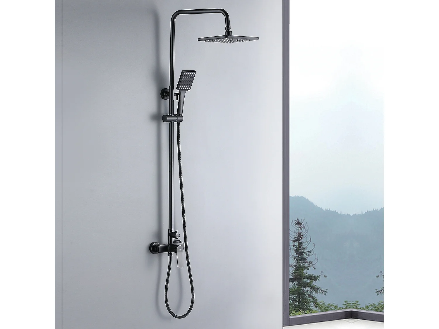 Columna de Ducha Negro 2 Funciones Conjunto de Ducha de Latón con DouchettE de cabeza rectangular, Alta Ajustable 90-120 cm