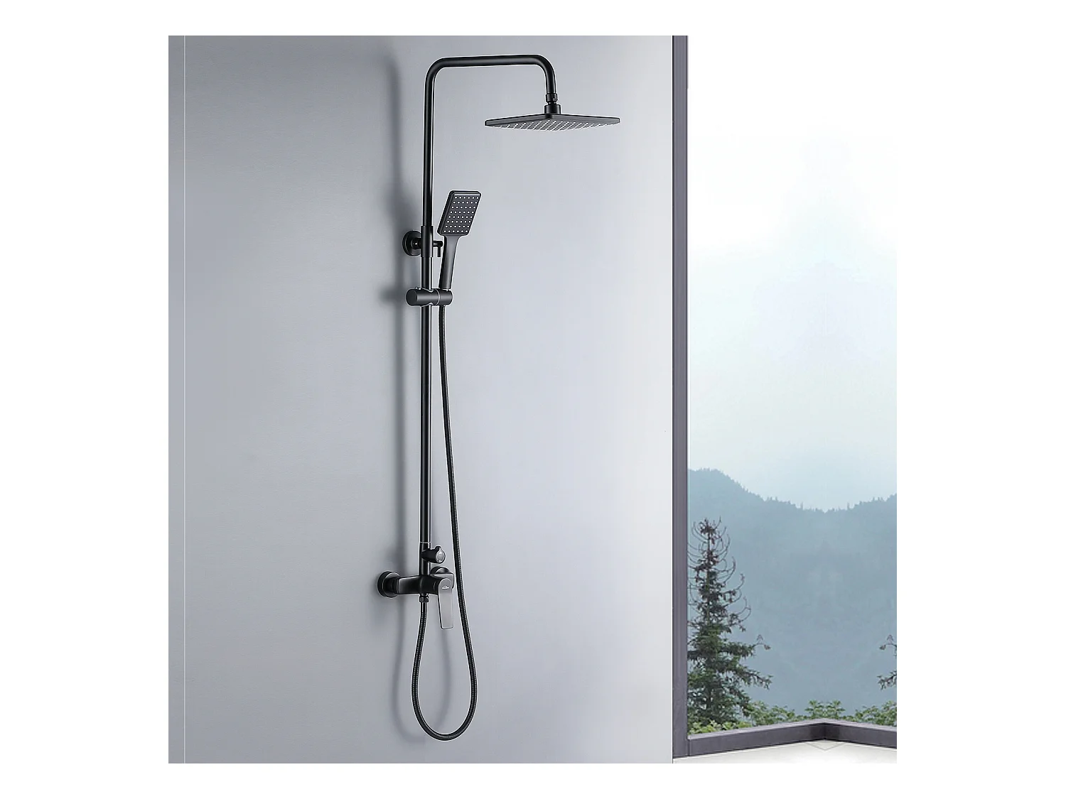 Colonne de Douche Noir 2 Fonctions Ensemble de Douche en Laiton avec Douchette de tête rectangle, Haute Réglable 90-120 cm