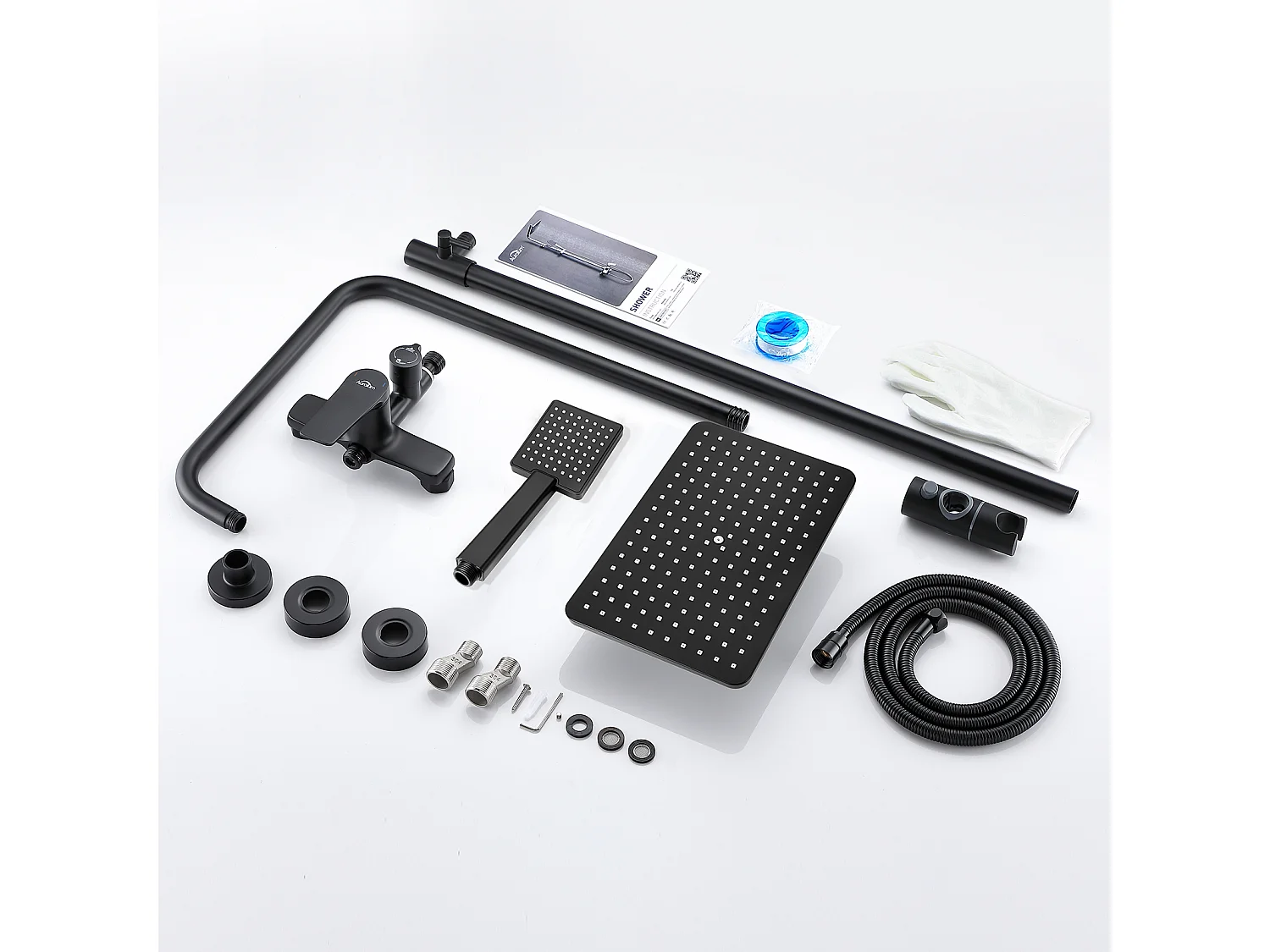 Colonne de Douche Noir 2 Fonctions Ensemble de Douche en Laiton avec Douchette de tête rectangle, Haute Réglable 90-120 cm