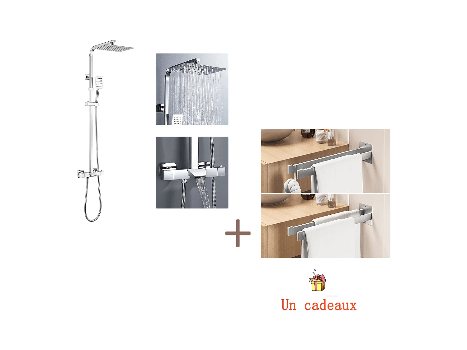 Colonne de Douche Thermostatique Chromée,avec Douche Tête,Pommeau Douche,Mitigeur de Douche Cascade+Porte Serviette Salle Bain Adhésif/Perçage,Brossé