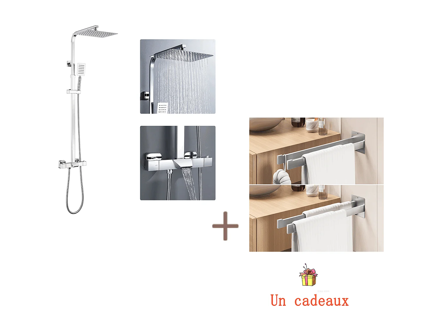 Colonne de Douche Thermostatique Chromée,avec Douche Tête,Pommeau Douche,Mitigeur de Douche Cascade+Porte Serviette Salle Bain Adhésif/Perçage,Brossé