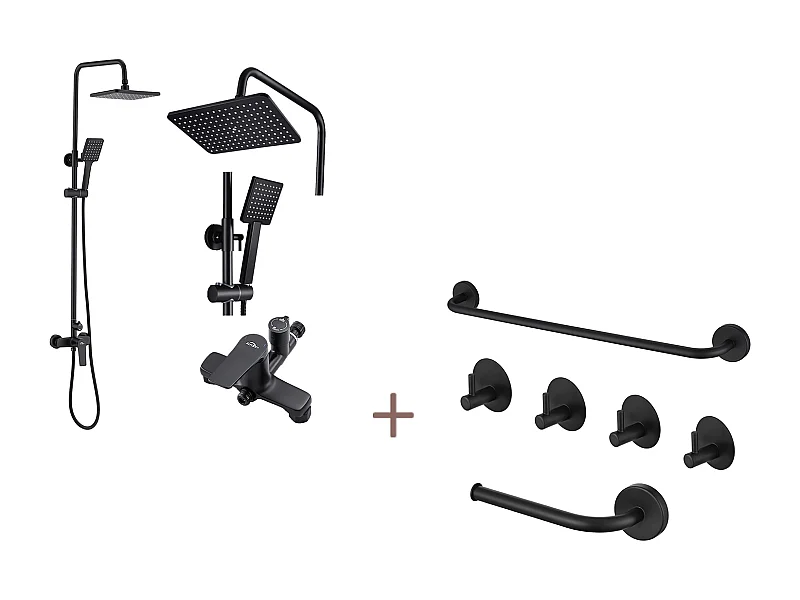 Auralum max Colonna doccia meccanica Interruttore con maniglia, Nero+Set Bagno Accessorio 6 Pezzi,Autoadesivo/foratura,Inox,Nero