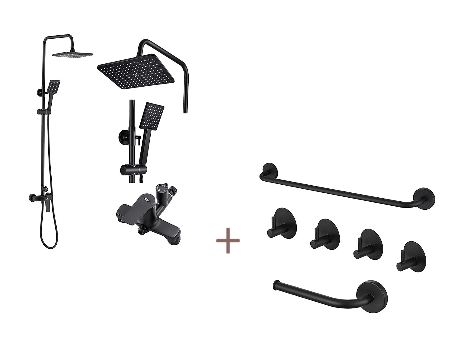 Auralum max Columna ducha mecánica Interruptor manija, Negro+Juego de accesorios de baño 6 piezas, Autoadhesivo/perforación,Acero inoxidable,Negro