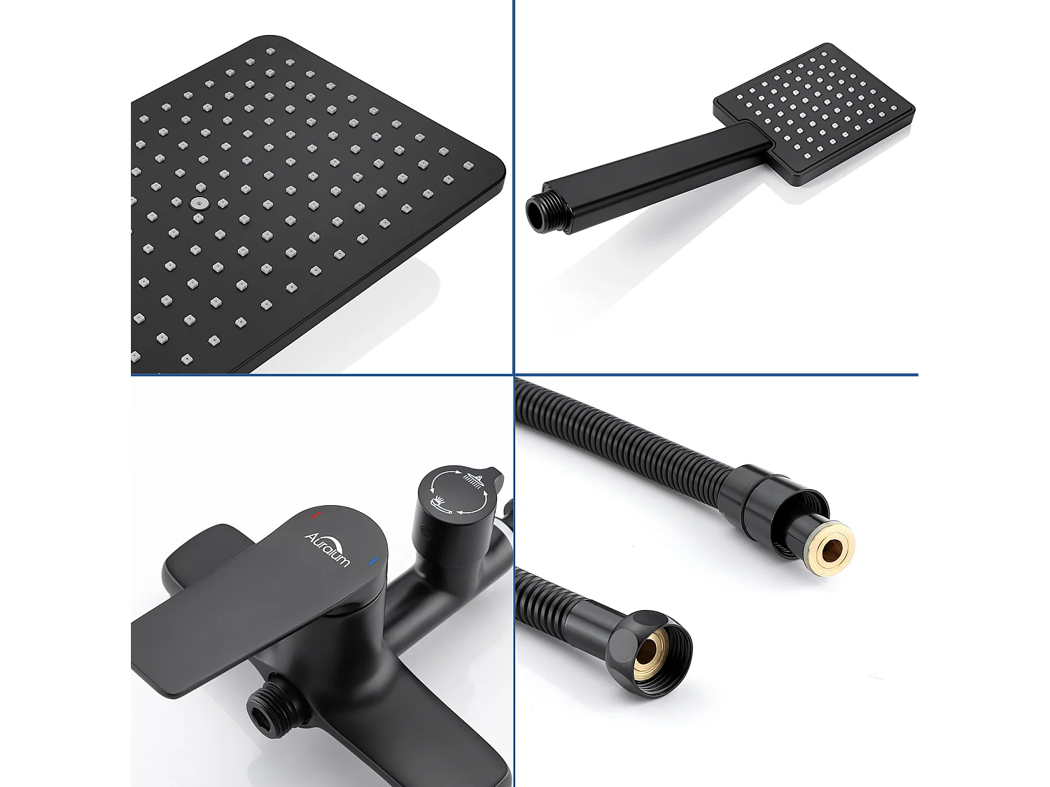 Auralum max Columna ducha mecánica Interruptor manija, Negro+Juego de accesorios de baño 6 piezas, Autoadhesivo/perforación,Acero inoxidable,Negro