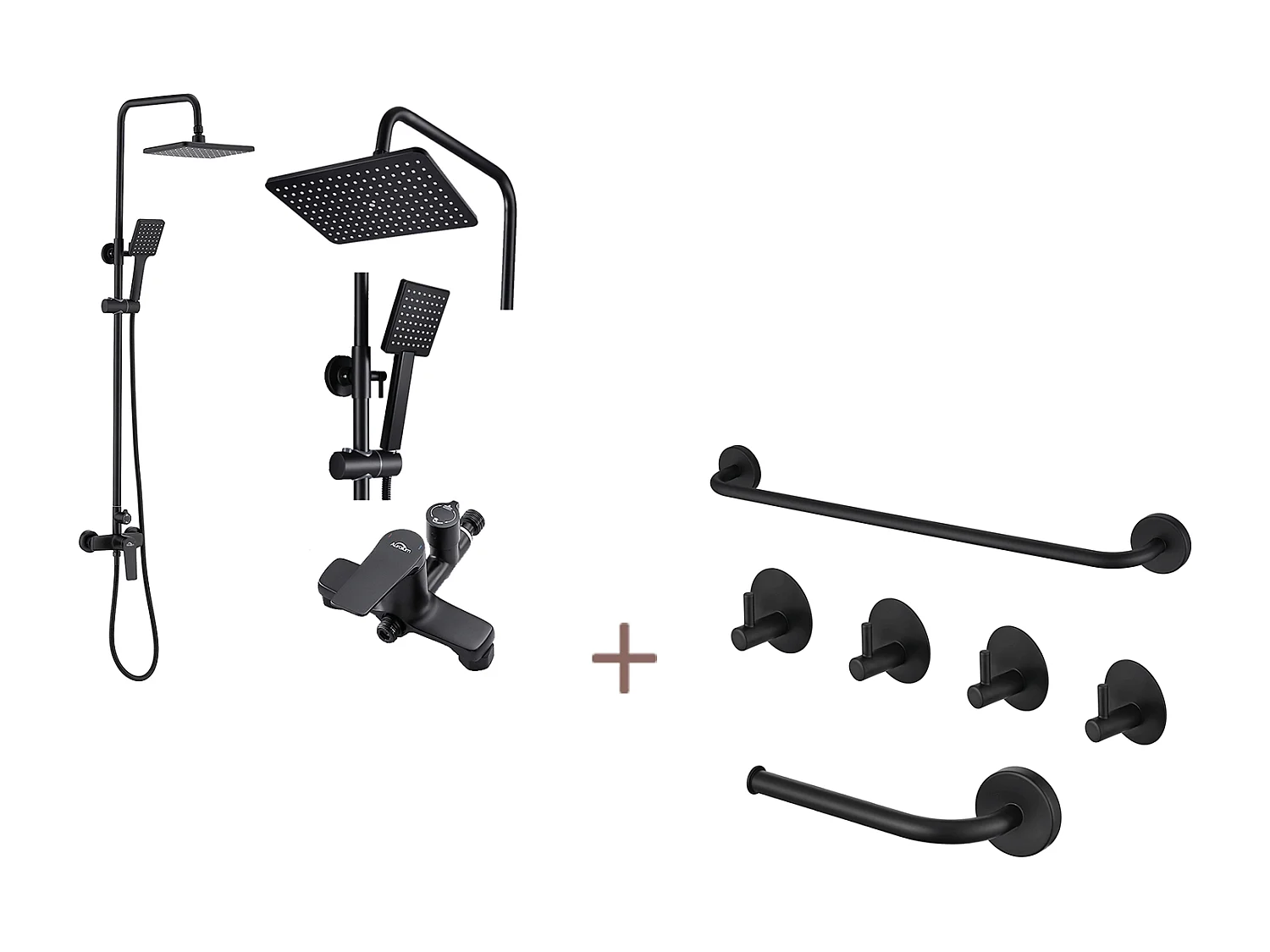 Auralum max Colonne de douche mécanique Interrupteur à poignée,Noir+Ensemble Salle Bain Accessoire 6 Pièces,Auto-adhésif/percer,Inox,Noir