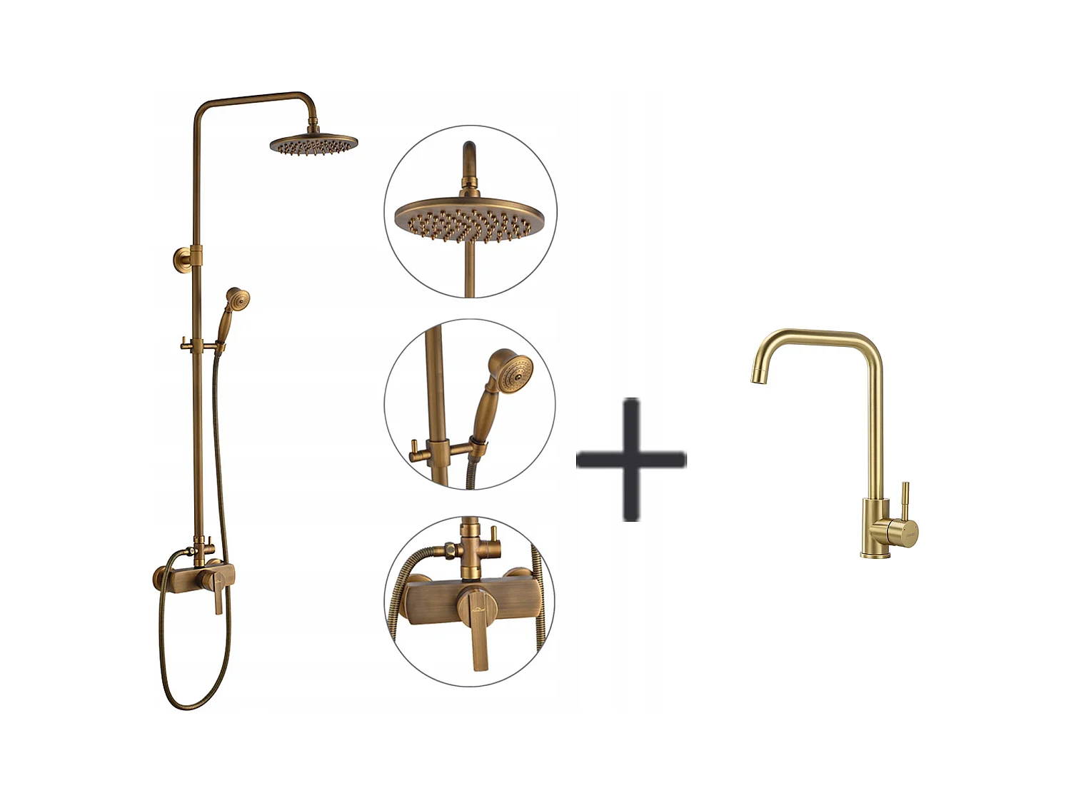 Auralum Max Columna ducha de latón Bronce Retro,Ducha con Mezclador Mecánico,Altura Ajustable+Mezclador Cocina de Inox,Rotativo 360°,Dorado Cepillado