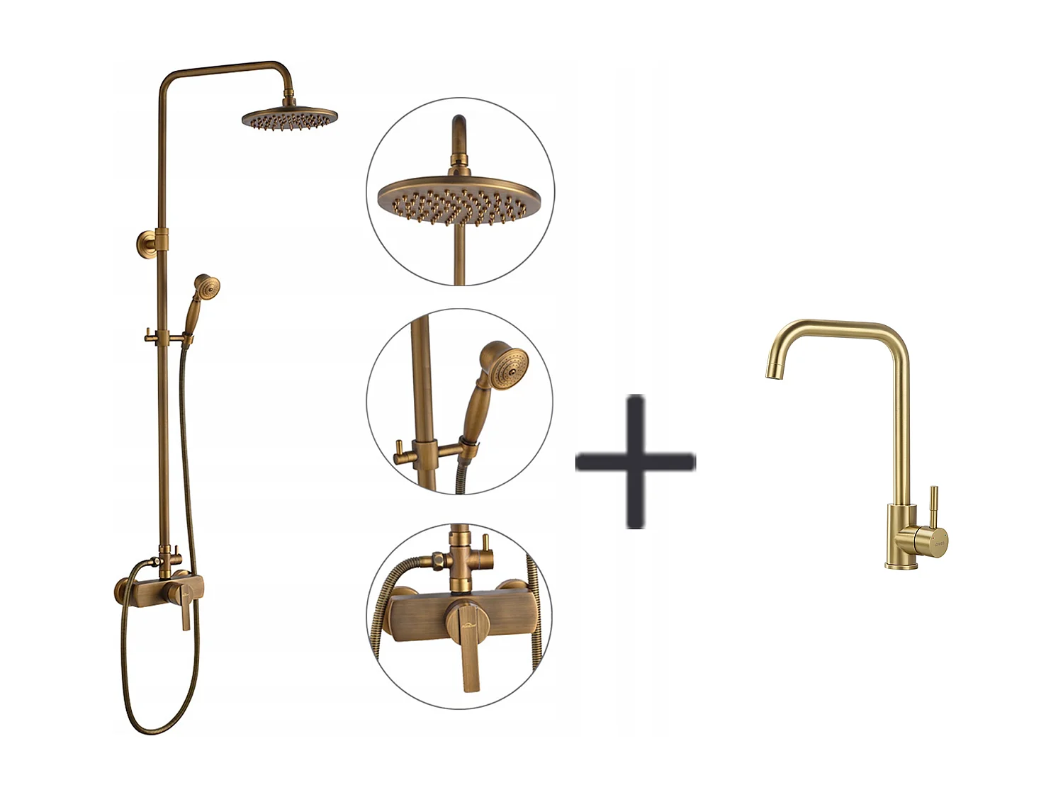 Auralum Max Colonne douche en laiton Bronze Rétro,Douche avec Mitigeur Mécanique,Hauteur Réglable+Mitigeur Cuisine en Inox,Rotatif à 360°,Doré Brossé