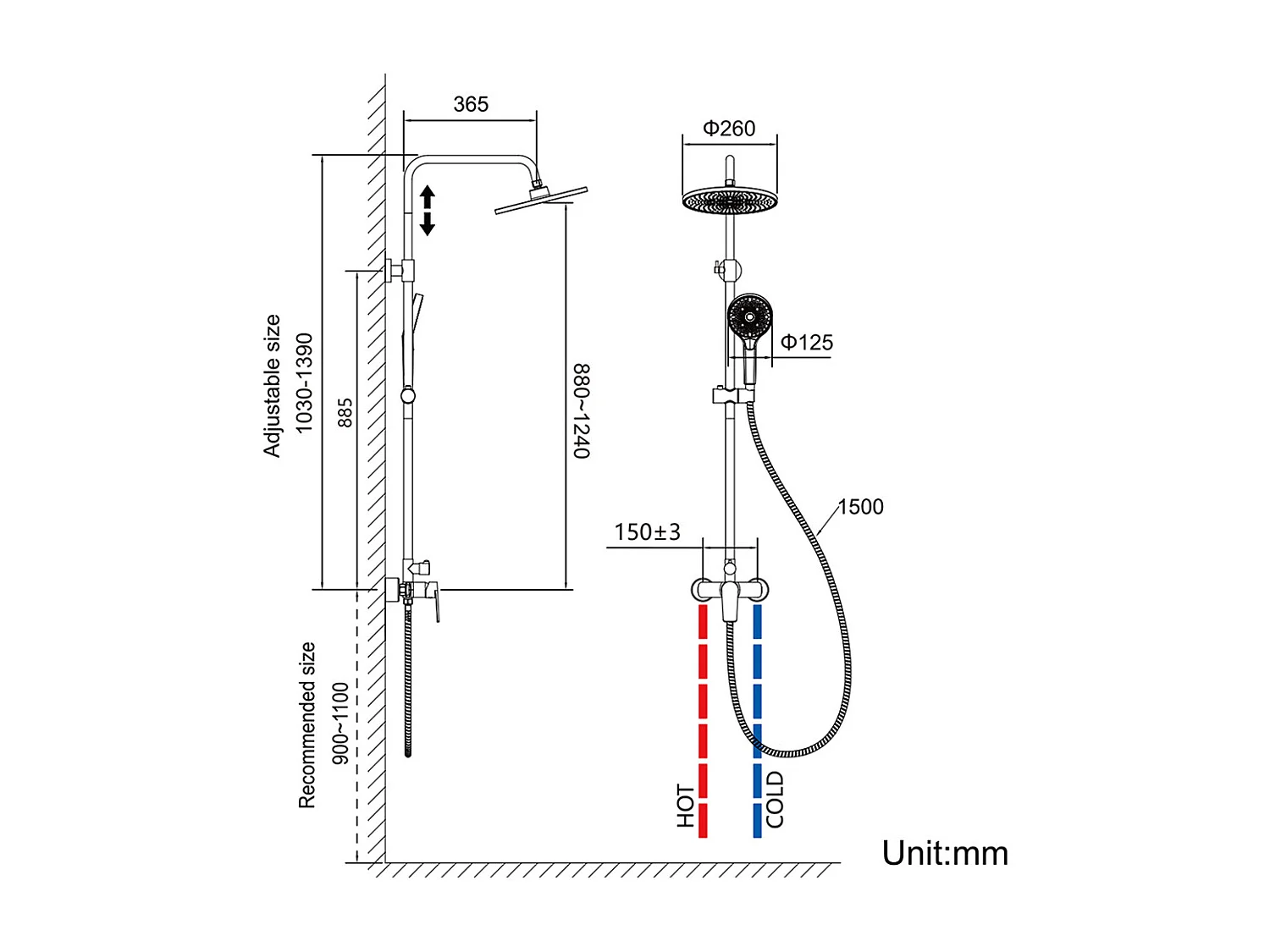 Colonne de Douche Mécanique Chromé,Ensemble de Douche Ronde, Tête Douche10 Pouces,Douchette avec 3 Jets D'eau,Hauteur Réglable103-139 cm Salle Bain