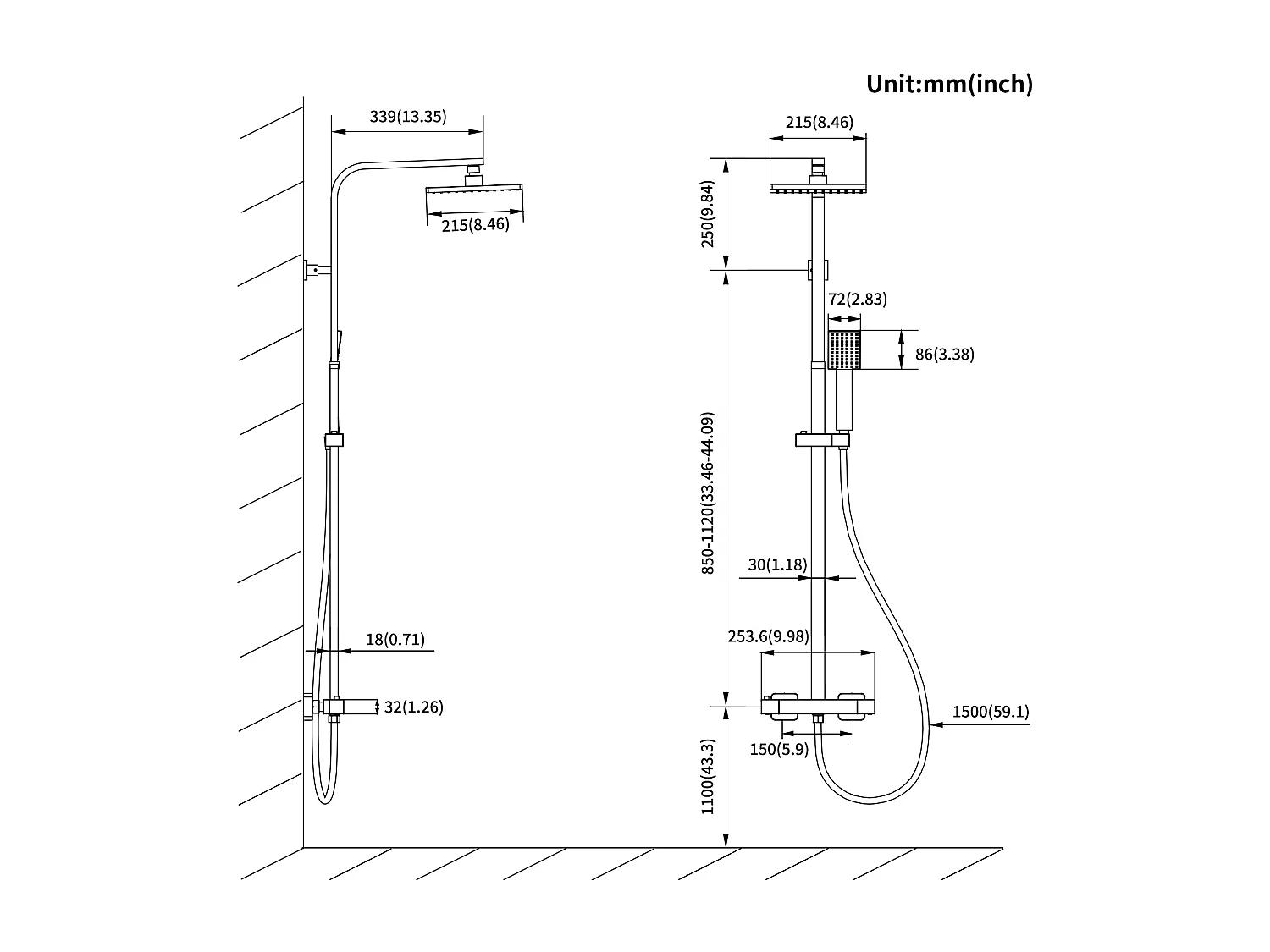 AURALUM MAX Thermostatische Zwarte Douchekolom, Vierkante Douchekop 21,5cm, Doucheset In Hoogte VerstelbaarBle, met messing thermostaatmengkraan
