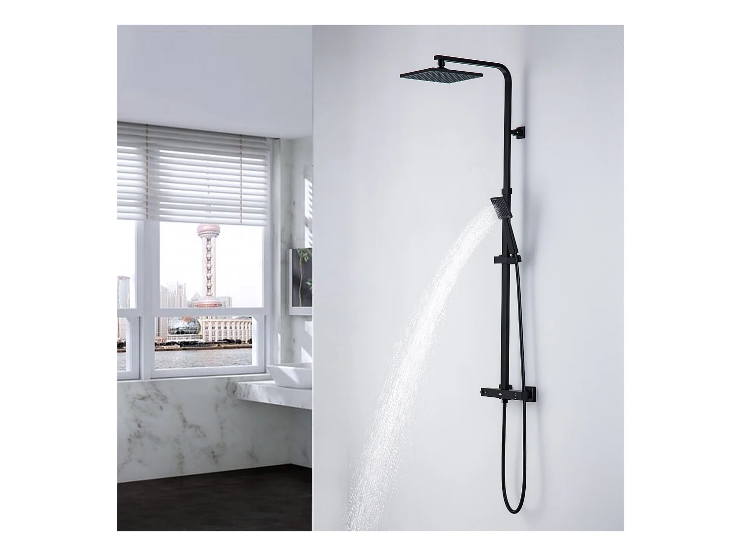 AURALUM MAX  Colonne de Douche Noire Thermostatique,Tête de Douche Carrée 21.5cm,Ensemble Douche Hauteur Réglable,avec Mitigeur Thermostat de Laiton