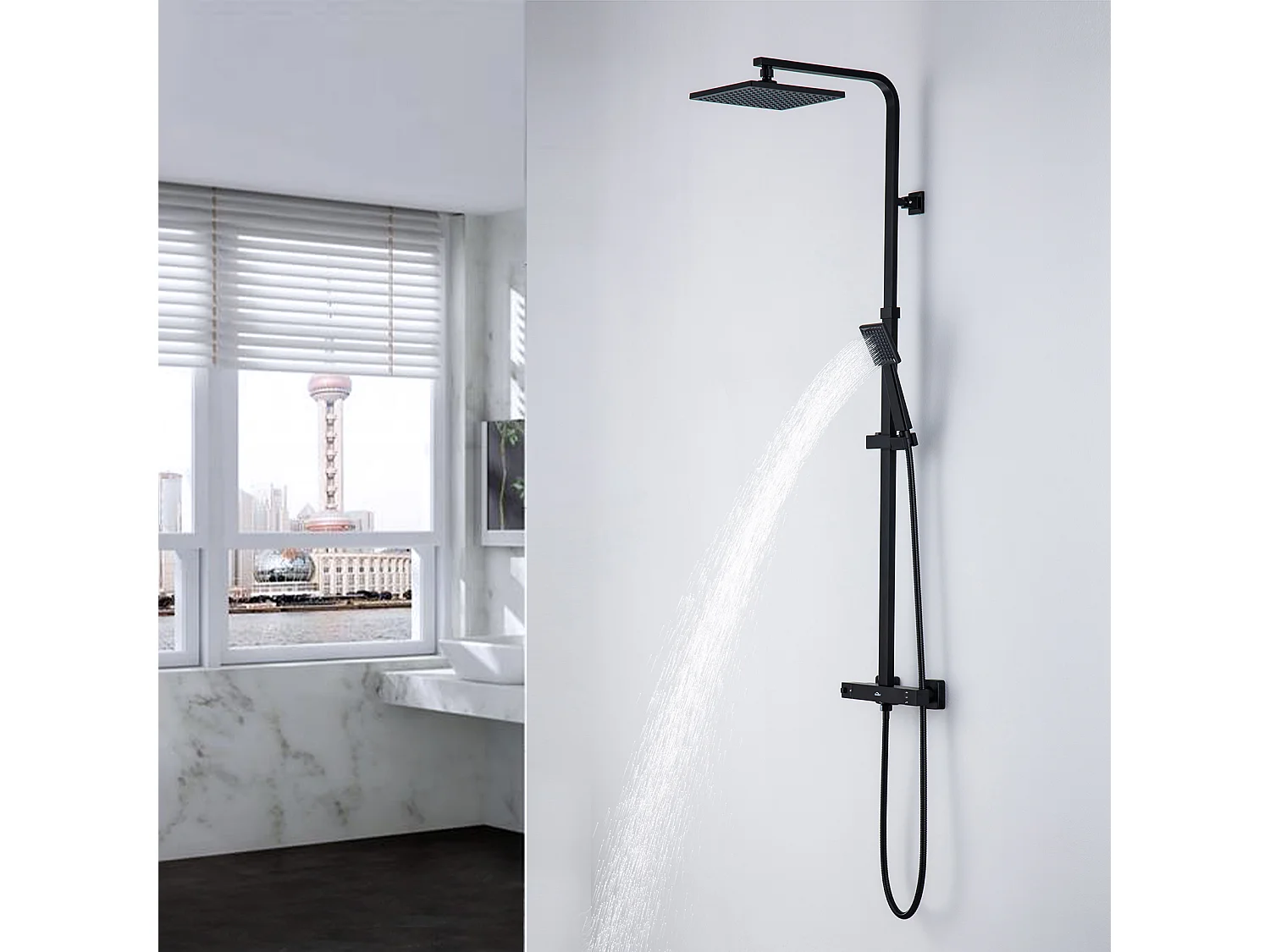 AURALUM MAX  Colonne de Douche Noire Thermostatique,Tête de Douche Carrée 21.5cm,Ensemble Douche Hauteur Réglable,avec Mitigeur Thermostat de Laiton