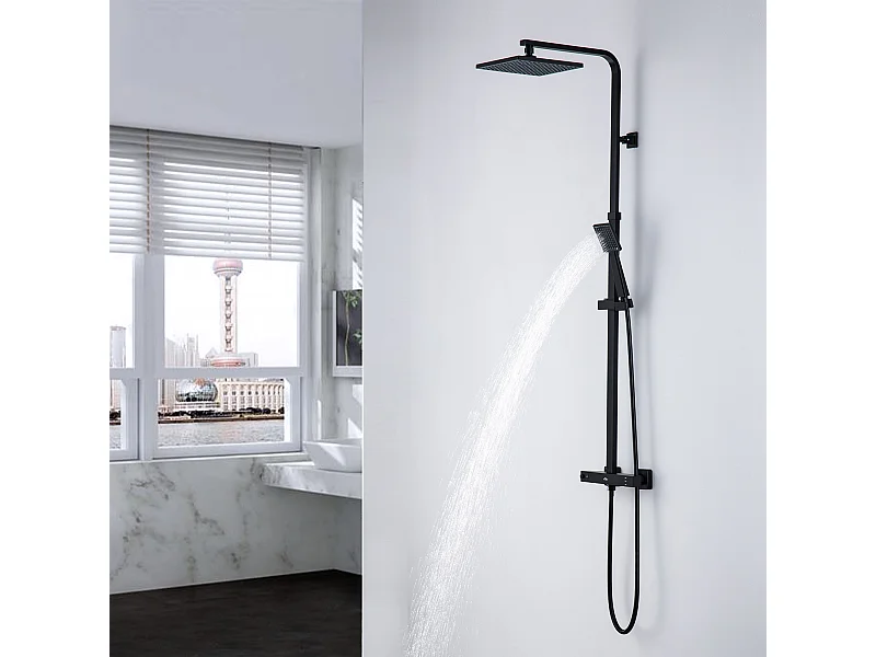 AURALUM MAX  Colonne de Douche Noire Thermostatique,Tête de Douche Carrée 21.5cm,Ensemble Douche Hauteur Réglable,avec Mitigeur Thermostat de Laiton