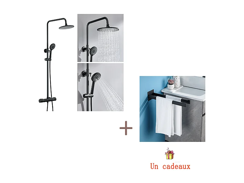 Schwarze Thermostat-Duschsäule mit 38 °C Thermostatmischer, 3-Strahl-Handbrause + Badezimmer-Handtuchhalter zum Kleben oder Bohren, schwarz