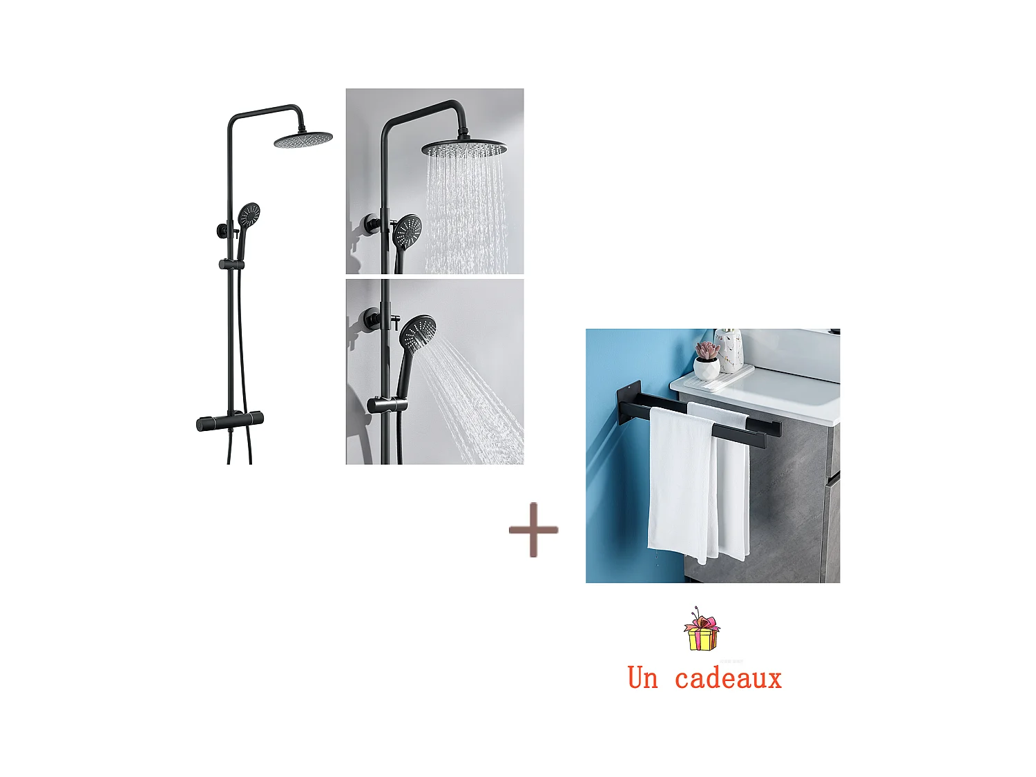Colonne Douche Thermostatique Noir avec Mitigeur Thermostatique de 38°C,Pommeau à Main 3 Jets+Porte Serviette de Salle Bain Adhésif ou Perçage,Noir