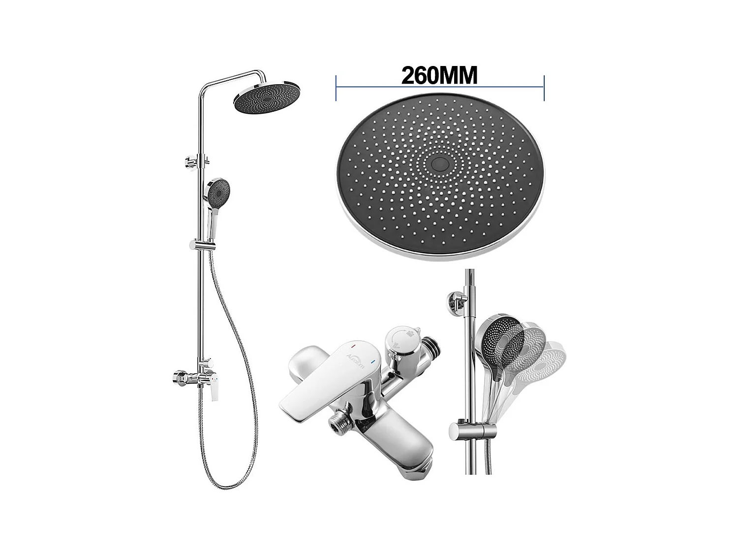 Colonne Douche Chromé,avec Mitigeur,Ensemble de Douche Réglable en Hauteur 103-139 cm, Mitigeur Douche avec Douche de tête et Douchette 3 Jets