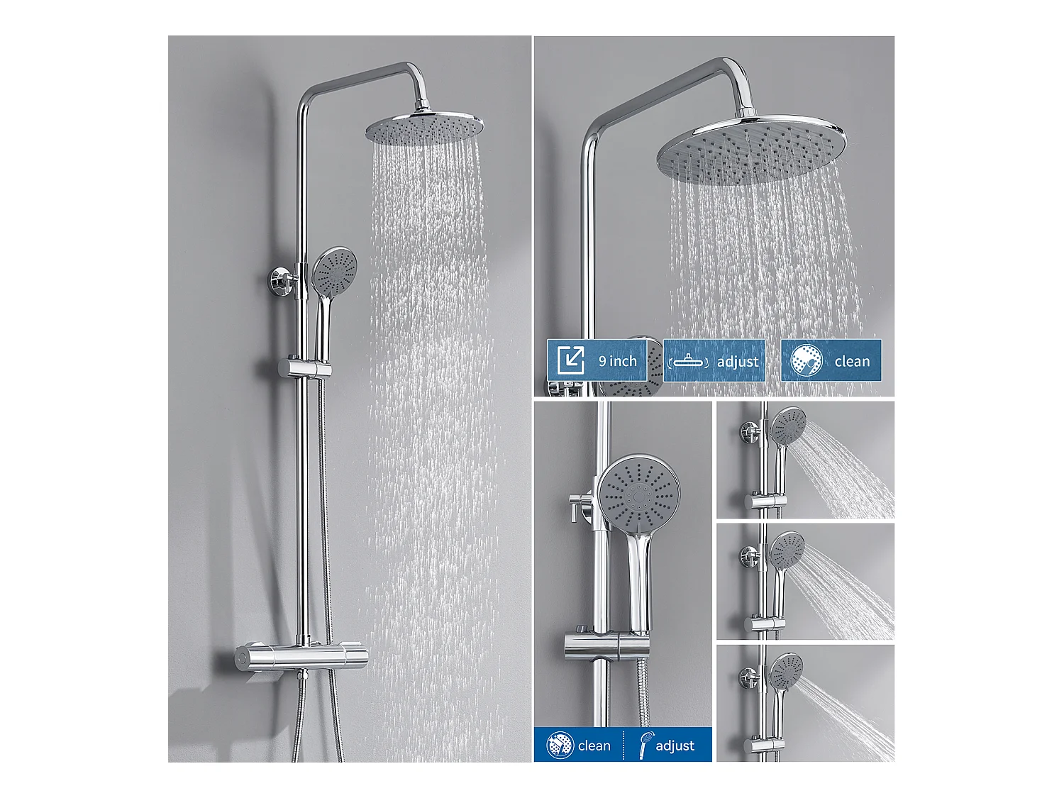 AURALUM MAX Colonne de Douche Thermostatique,Douchette à Main 3 Jets,9 Pouces Tête de Douche,Ensemble Douche Hauteur Réglable entre 800-1100mm,Chromé