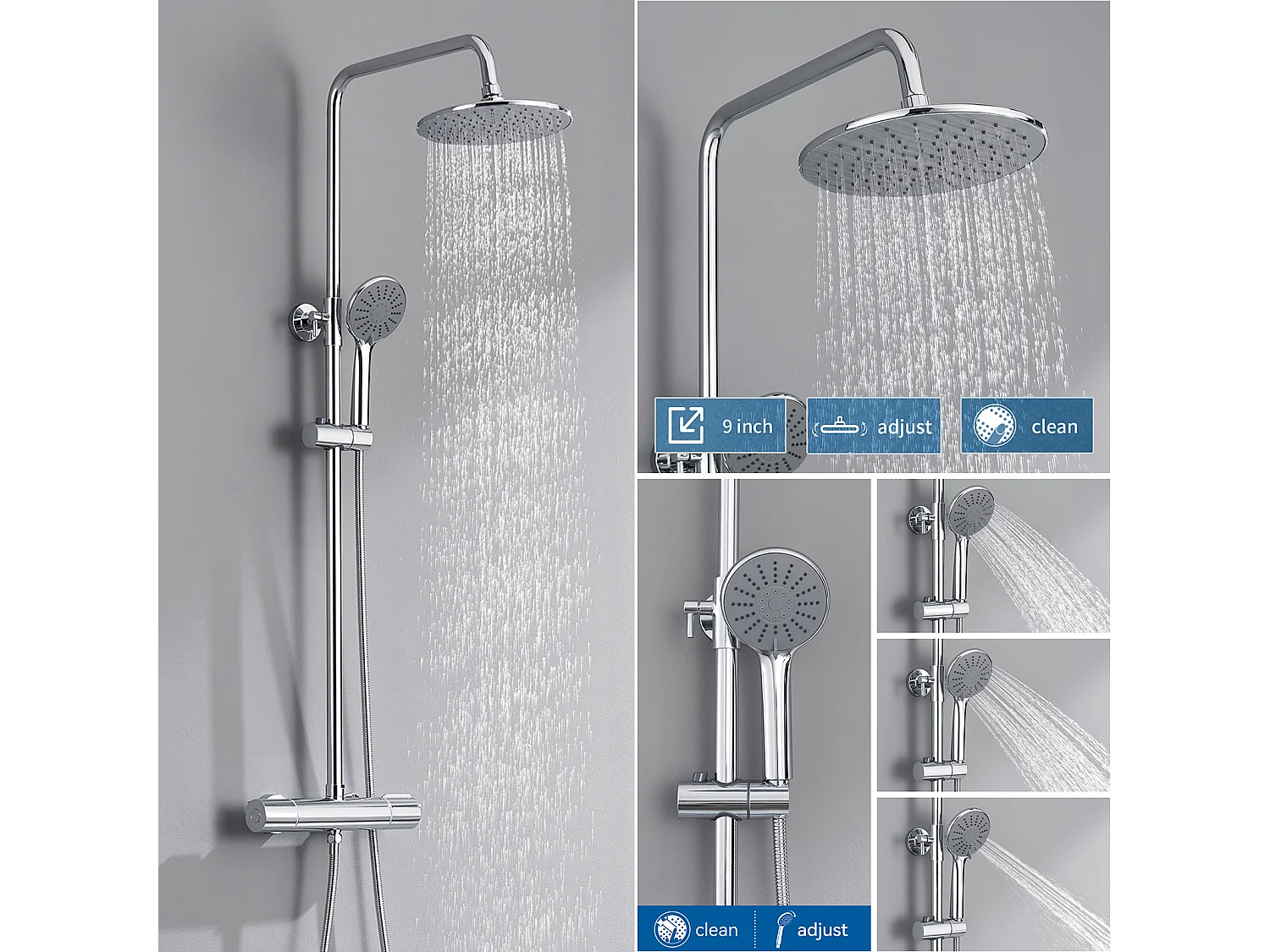 AURALUM MAX Colonne de Douche Thermostatique,Douchette à Main 3 Jets,9 Pouces Tête de Douche,Ensemble Douche Hauteur Réglable entre 800-1100mm,Chromé