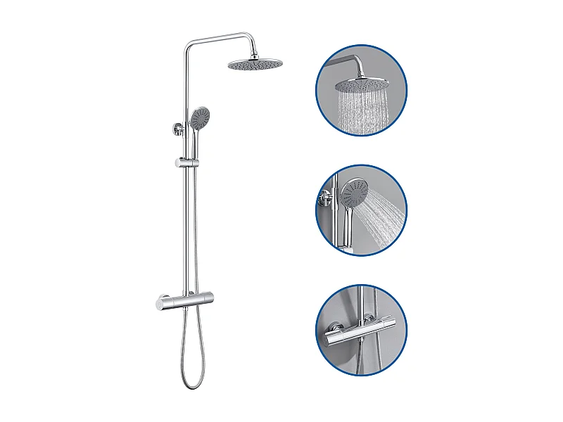 Douchekolom met thermostatische mengkraan,regendouche 225 mm,douche (3 jets),houder,doucheslang,kopstang/douche 1 straal,Chroom