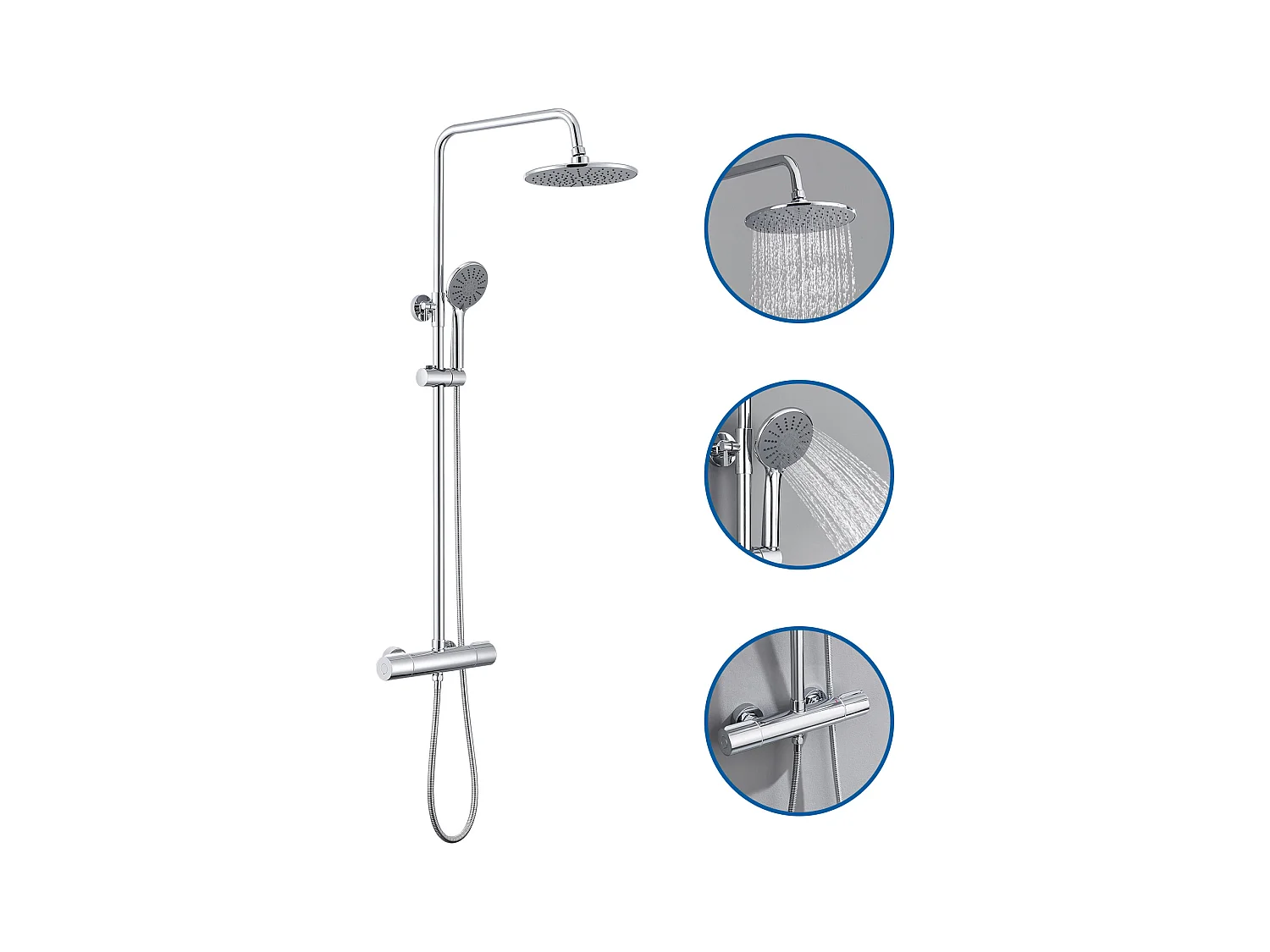 Colonne de douche avec mitigeur thermostatique,douche pluie 225 mm,douchette (3 jets),support,flexible douche,barre/douche de tête1 jet,Chromé