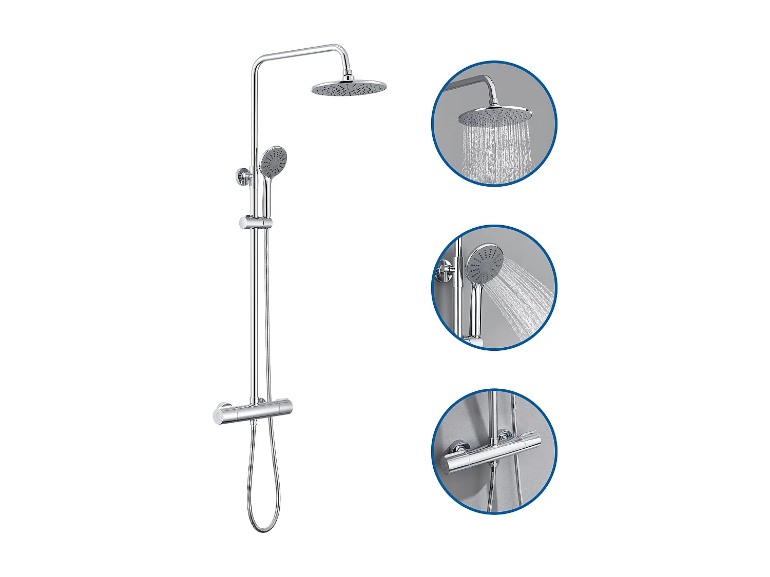 Colonne de douche avec mitigeur thermostatique,douche pluie 225 mm,douchette (3 jets),support,flexible douche,barre/douche de tête1 jet,Chromé