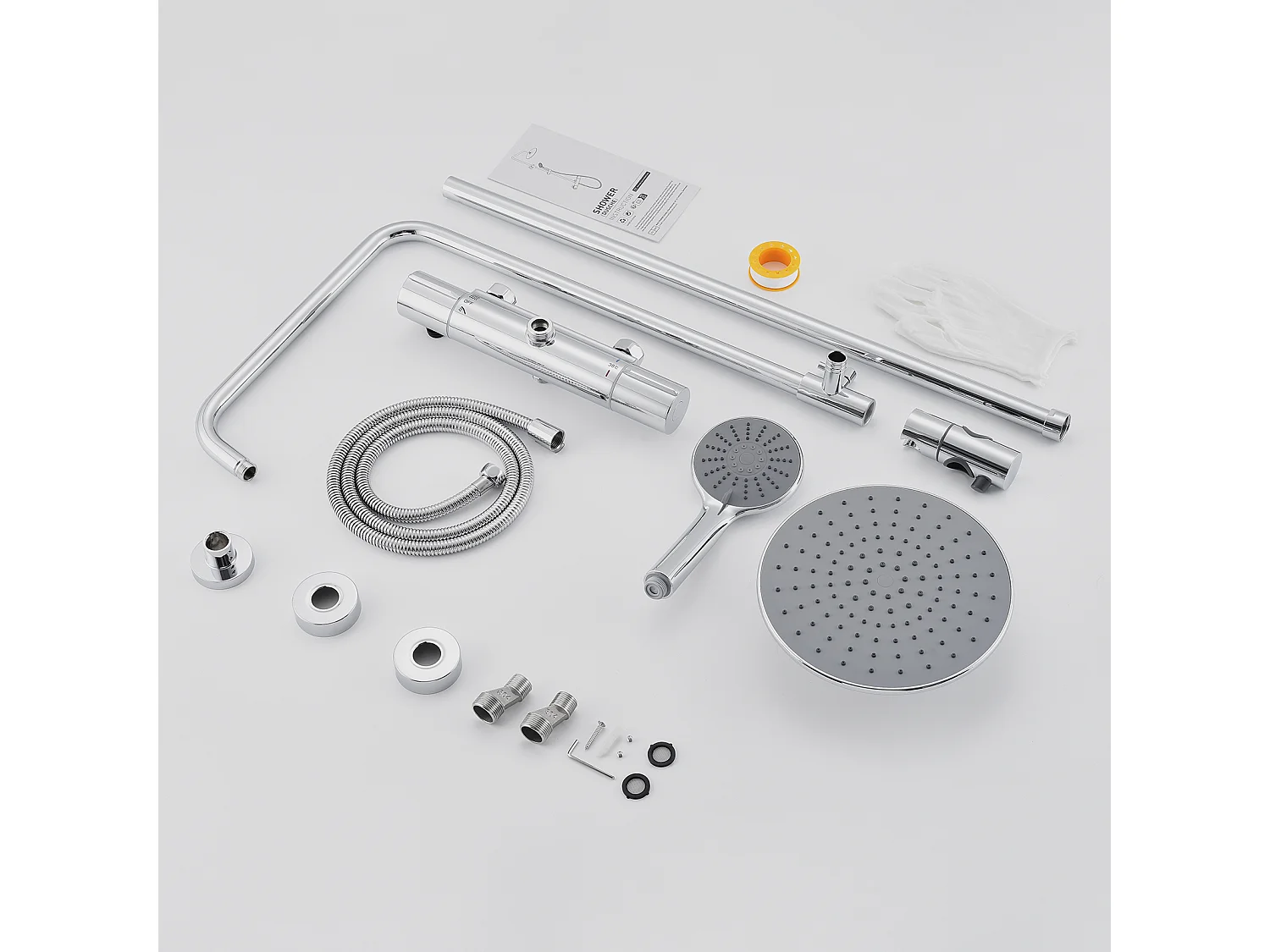 Colonne de douche avec mitigeur thermostatique,douche pluie 225 mm,douchette (3 jets),support,flexible douche,barre/douche de tête1 jet,Chromé