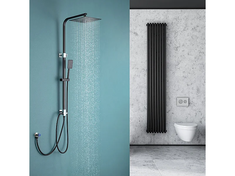 Columna de Ducha Negra Sin Mezclador Sistema de Ducha con Ducha de Mano y Cabezal de Ducha de 10 Pulgadas Altura Ajustable 690-1130 mm Baño