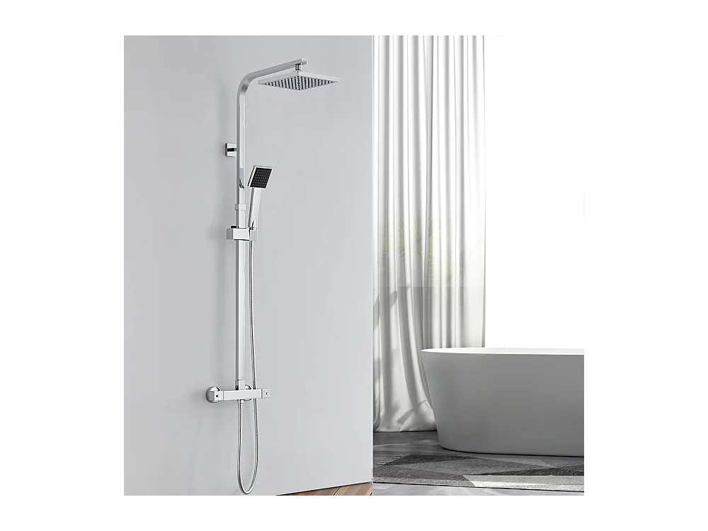Columna de Ducha Termostática,Ajustable en Altura,Sistema de Ducha con Cabezal de Lluvia y Ducha de Mano Cuadrado,Acero Inoxidable Cromado