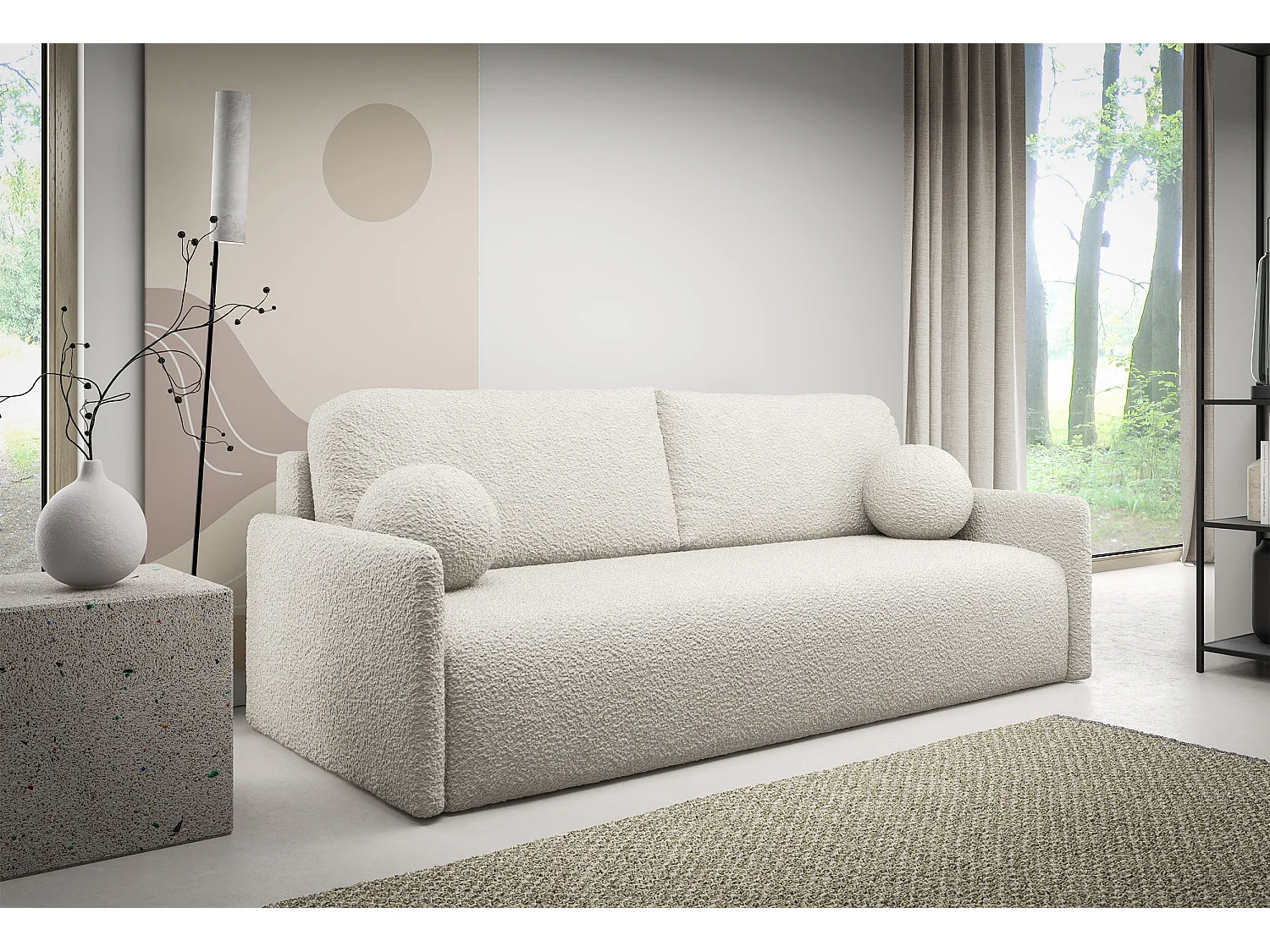 Sofa mit Schlaffunktion, Stauraum - Bouclé-Bezug - creme - GLOVE