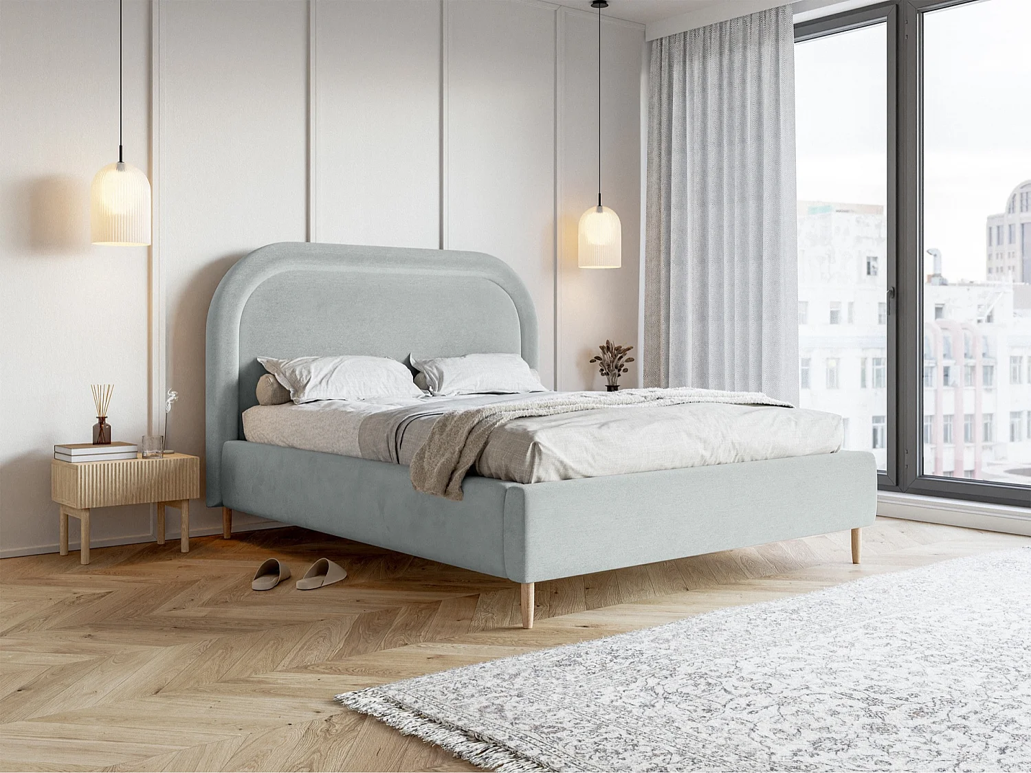 Tweepersoonsbed gestoffeerd - 140x200 cm - in waterafstotend parelgrijs fluweel - LOREO