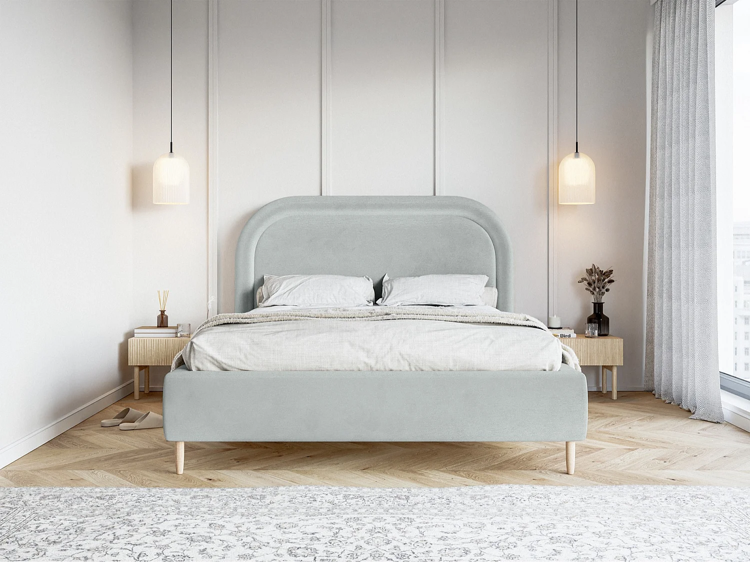 Tweepersoonsbed gestoffeerd - 140x200 cm - in waterafstotend parelgrijs fluweel - LOREO