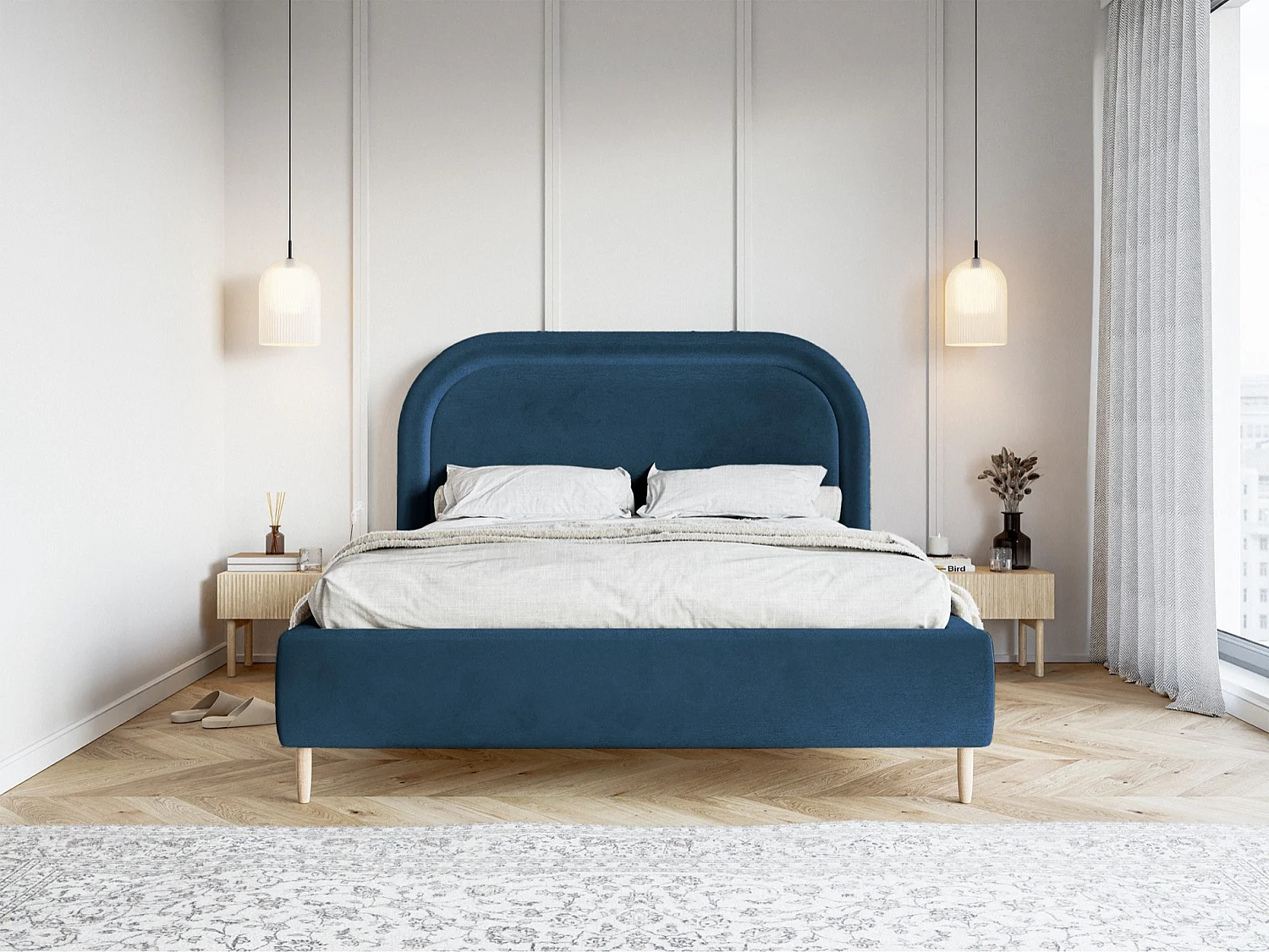 Tweepersoonsbed gestoffeerd - 180x200 cm - in donkerblauw waterafstotend fluweel - LOREO