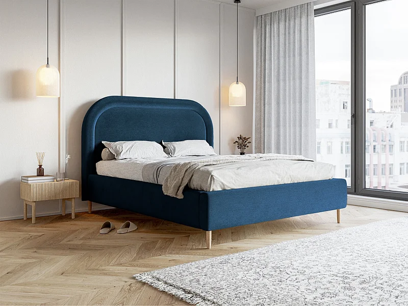 Tweepersoonsbed gestoffeerd - 180x200 cm - in donkerblauw waterafstotend fluweel - LOREO