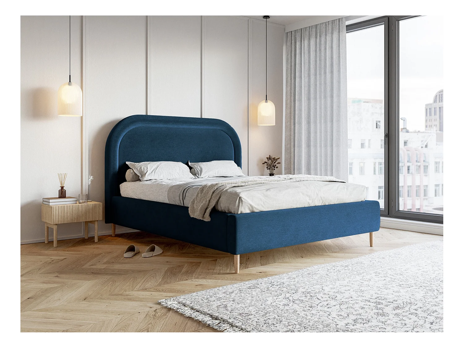 Lit capitonné double - 160x200 cm - en velours déperlant bleu foncé - LOREO