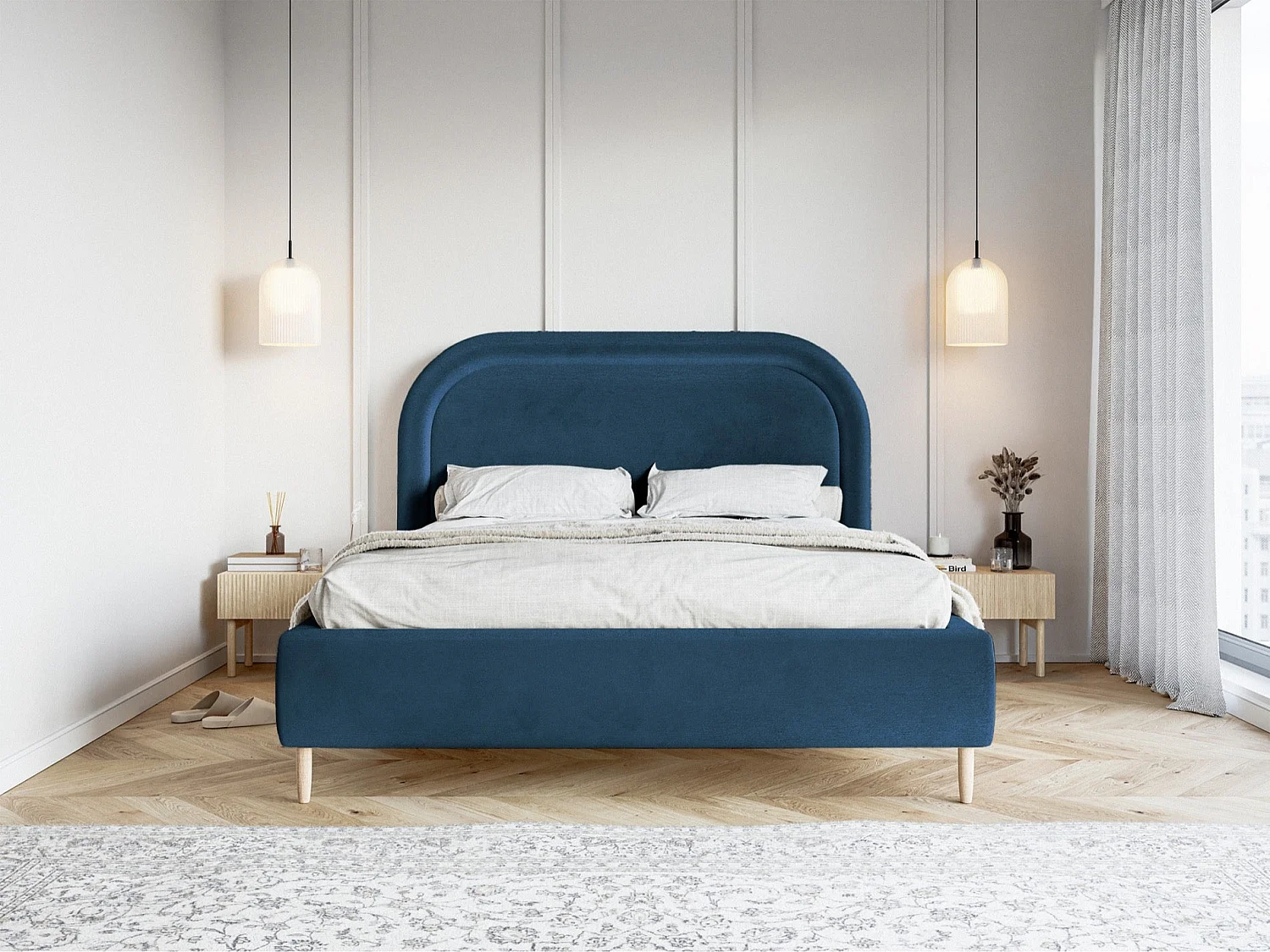 Lit capitonné double - 160x200 cm - en velours déperlant bleu foncé - LOREO