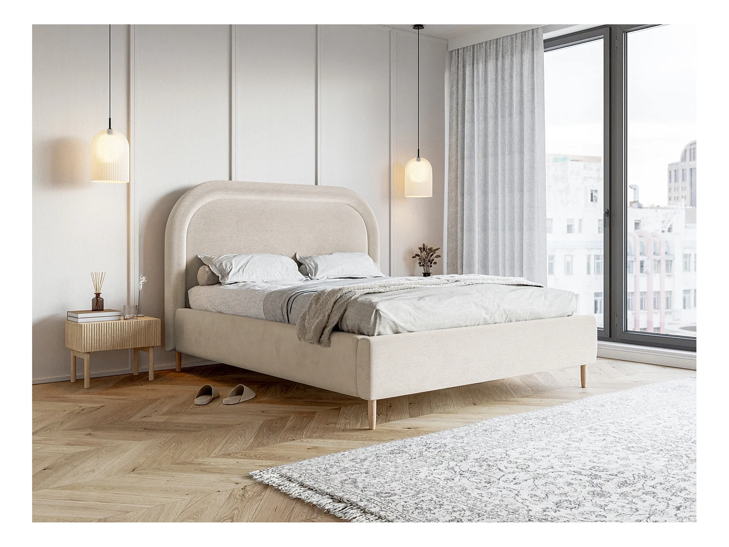 Tweepersoonsbed gestoffeerd - 160x200 cm - in waterafstotend greige fluweel - LOREO