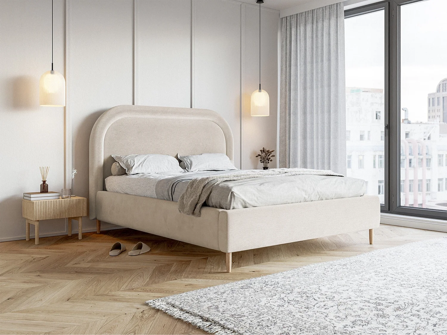 Lit capitonné double - 160x200 cm - en velours déperlant grège - LOREO