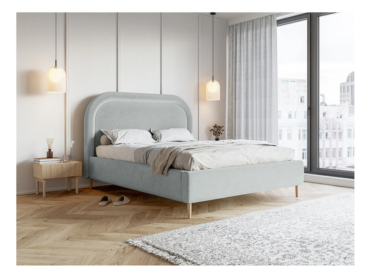 Tweepersoonsbed gestoffeerd - 160x200 cm - in waterafstotend parelgrijs fluweel - LOREO