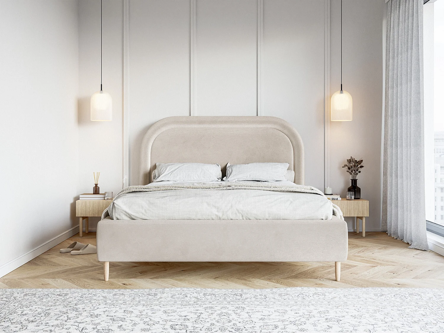 Tweepersoonsbed gestoffeerd - 180x200 cm - in waterafstotend greige fluweel - LOREO