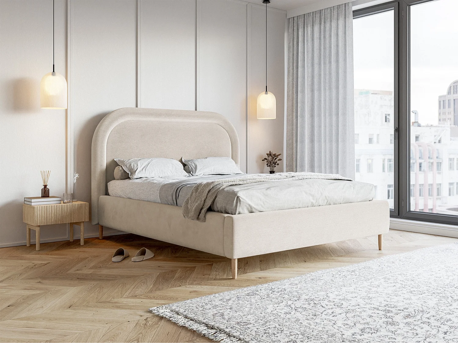 Tweepersoonsbed gestoffeerd - 140x200 cm - in waterafstotend greige fluweel - LOREO