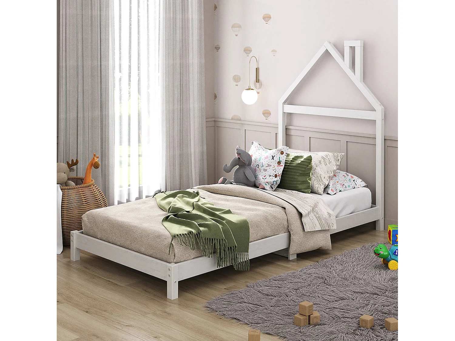 Lit enfant LIZ tête de lit en forme de maison, Lit au sol Montessori, Pour couchage 90 x 200 cm bois de pin massif, Blanc