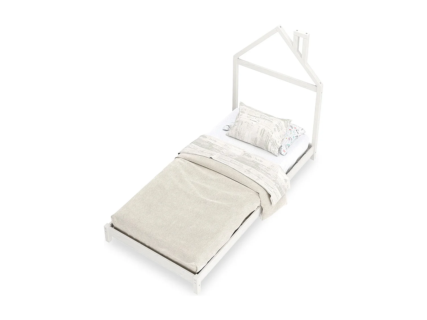 Lit enfant LIZ tête de lit en forme de maison, Lit au sol Montessori, Pour couchage 90 x 200 cm bois de pin massif, Blanc