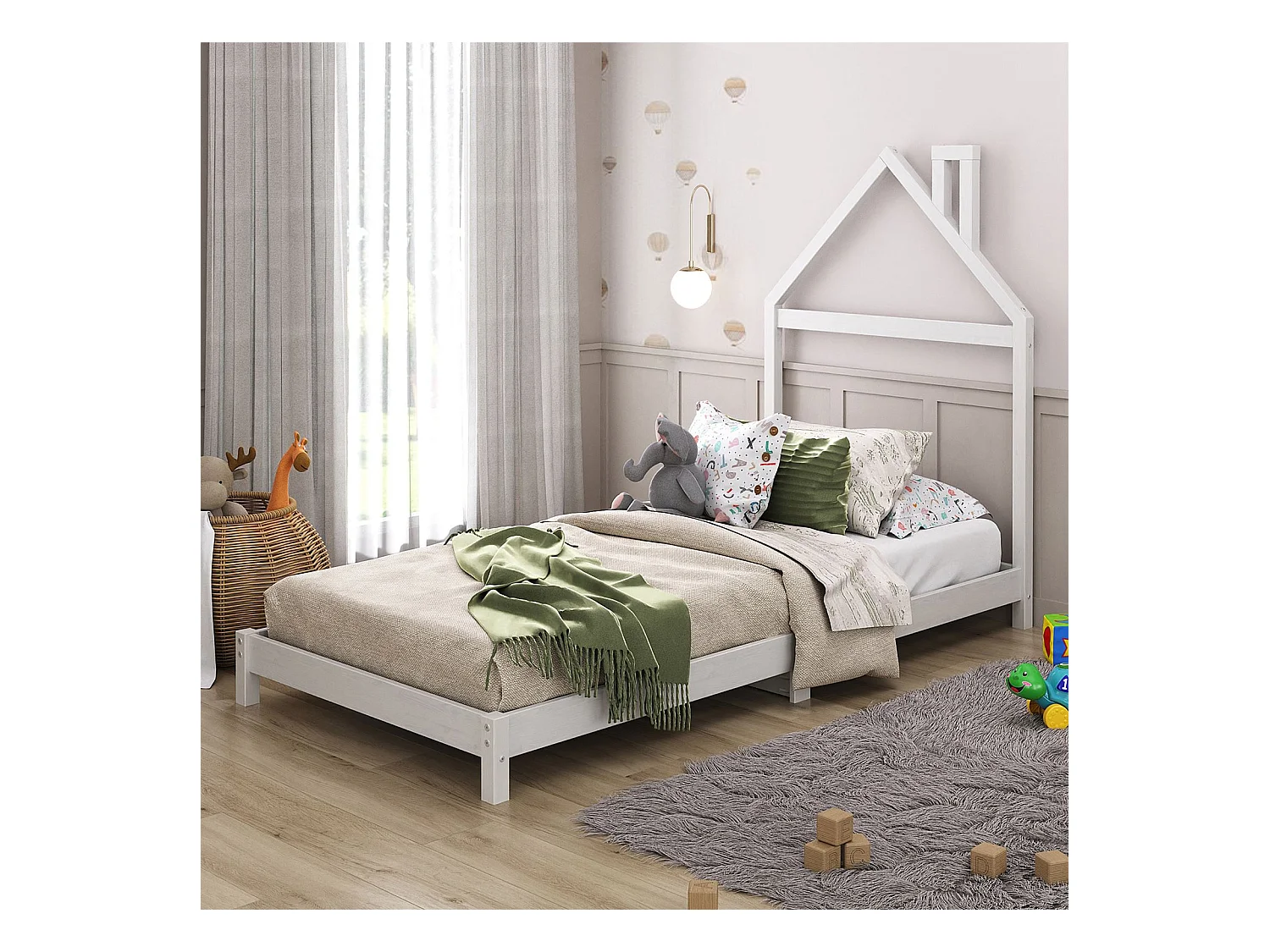 Lit enfant LIZ tête de lit en forme de maison, Lit au sol Montessori, Pour couchage 90 x 200 cm bois de pin massif, Blanc