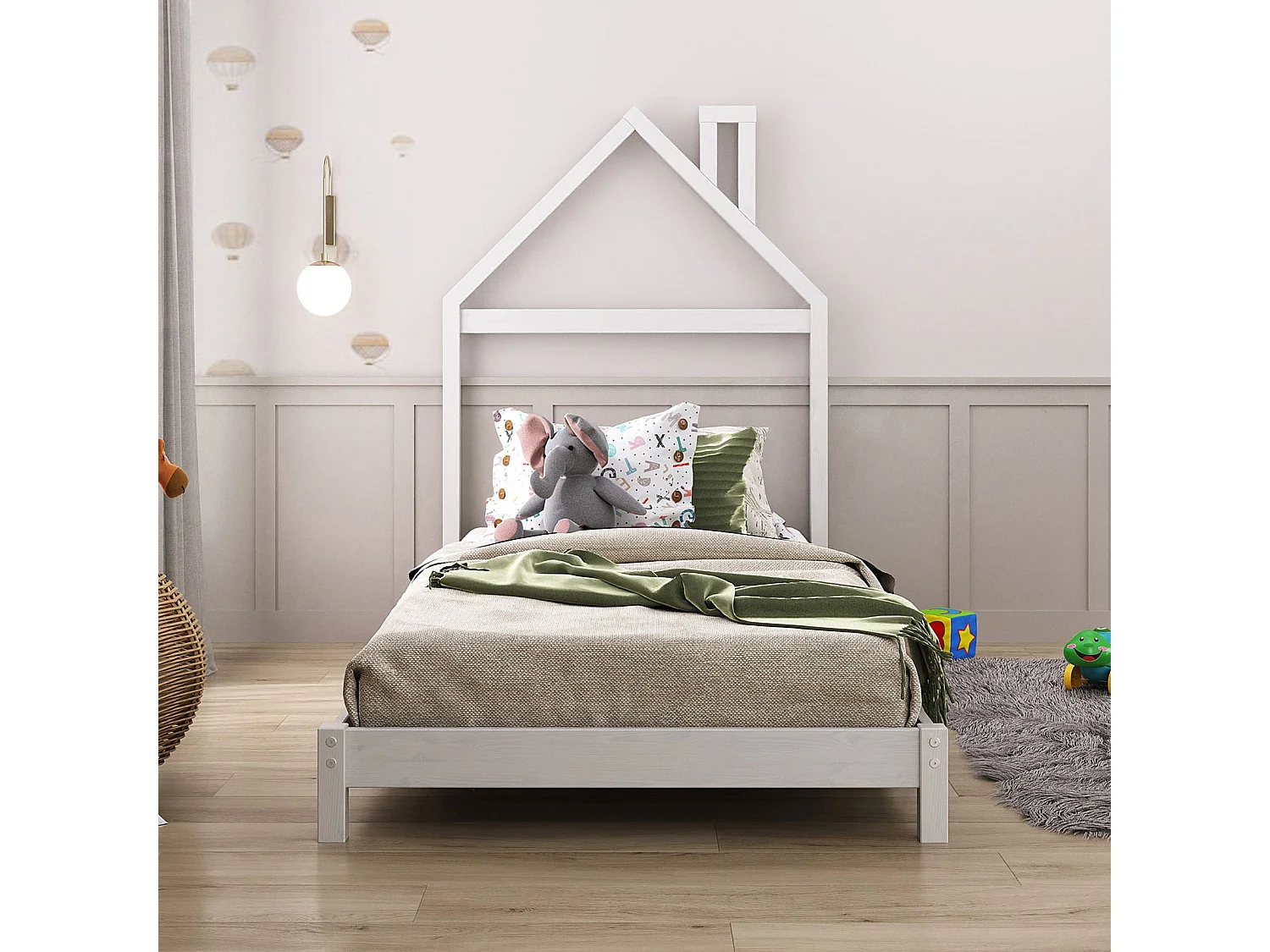 Lit enfant LIZ tête de lit en forme de maison, Lit au sol Montessori, Pour couchage 90 x 200 cm bois de pin massif, Blanc