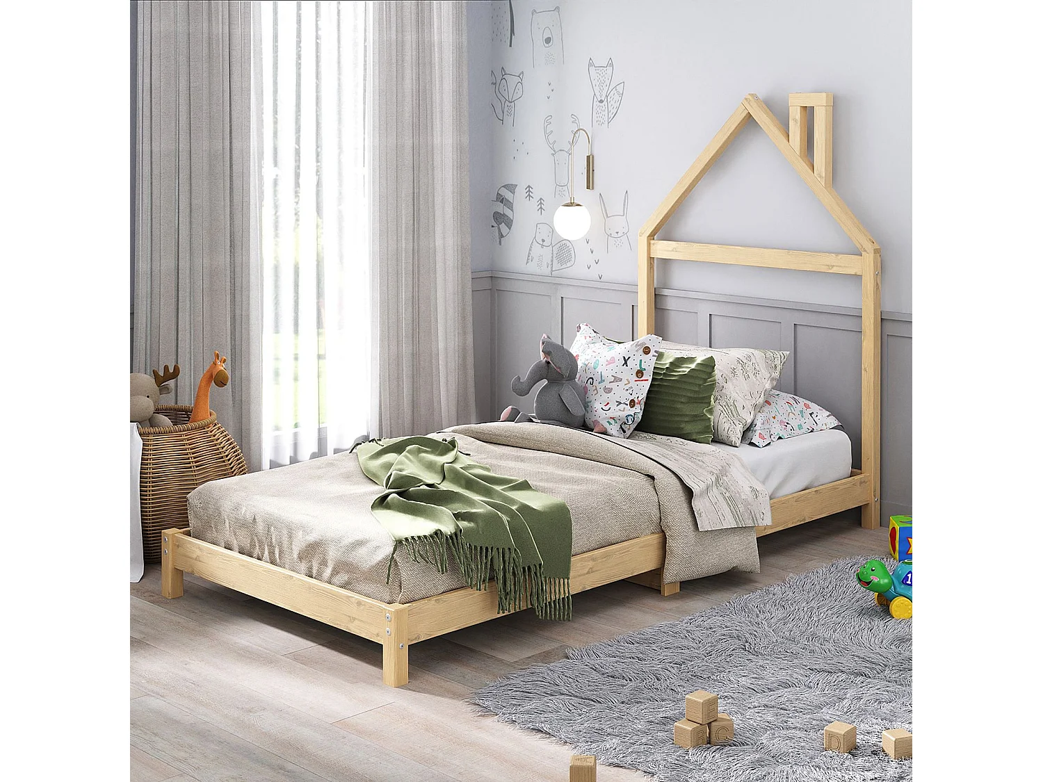 Lit enfant LIZ tête de lit en forme de maison, Lit au sol Montessori, Pour couchage 90 x 200 cm bois de pin massif, Coloris naturel